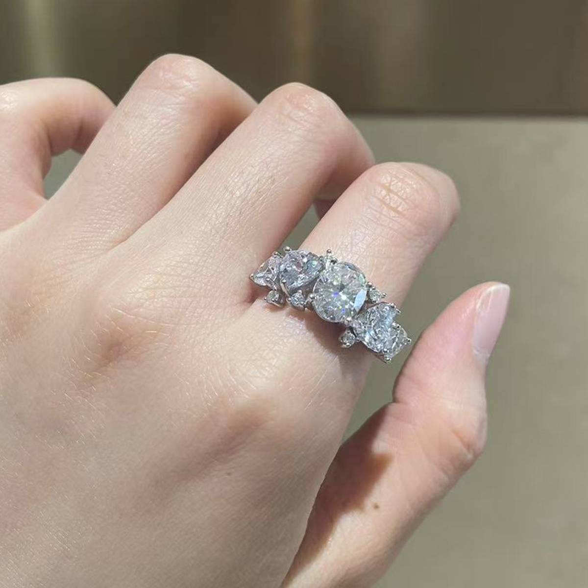 Irregular Diamond Row Ring S925 Silver Plated Platinum Women's Ring Customized Selection Main and Deputy Stone Moissanite Diamonds 2.0ct